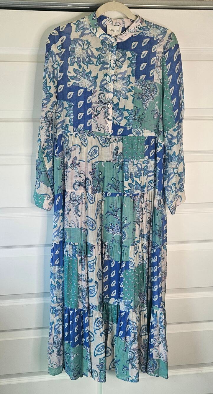 NWT Choklate Paris Silk Blend Marbella Blue Patchwork Tiered Maxi Dress Small